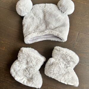 Gray Fuzzy Baby Hat and Booties Set